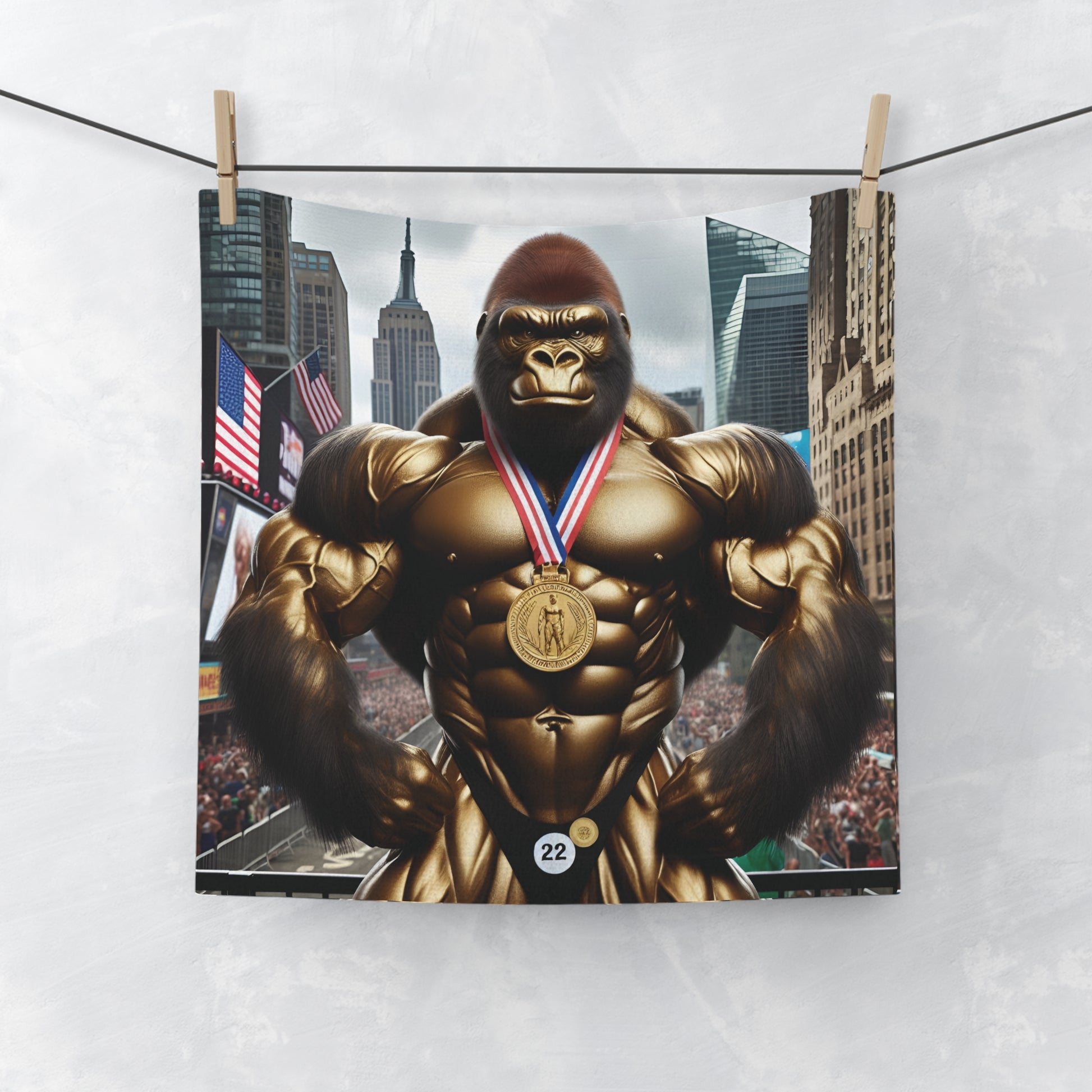 Our "Bodybuilder Gorilla Champion Face Towel" features a muscular gorilla adorned with a gold medal, symbolizing strength and victory. Perfect for Fitness Enthusiasts. Ideal for gym use, workouts, or adding a touch of motivation to your daily routine. BUY NOW! (SK Superb)