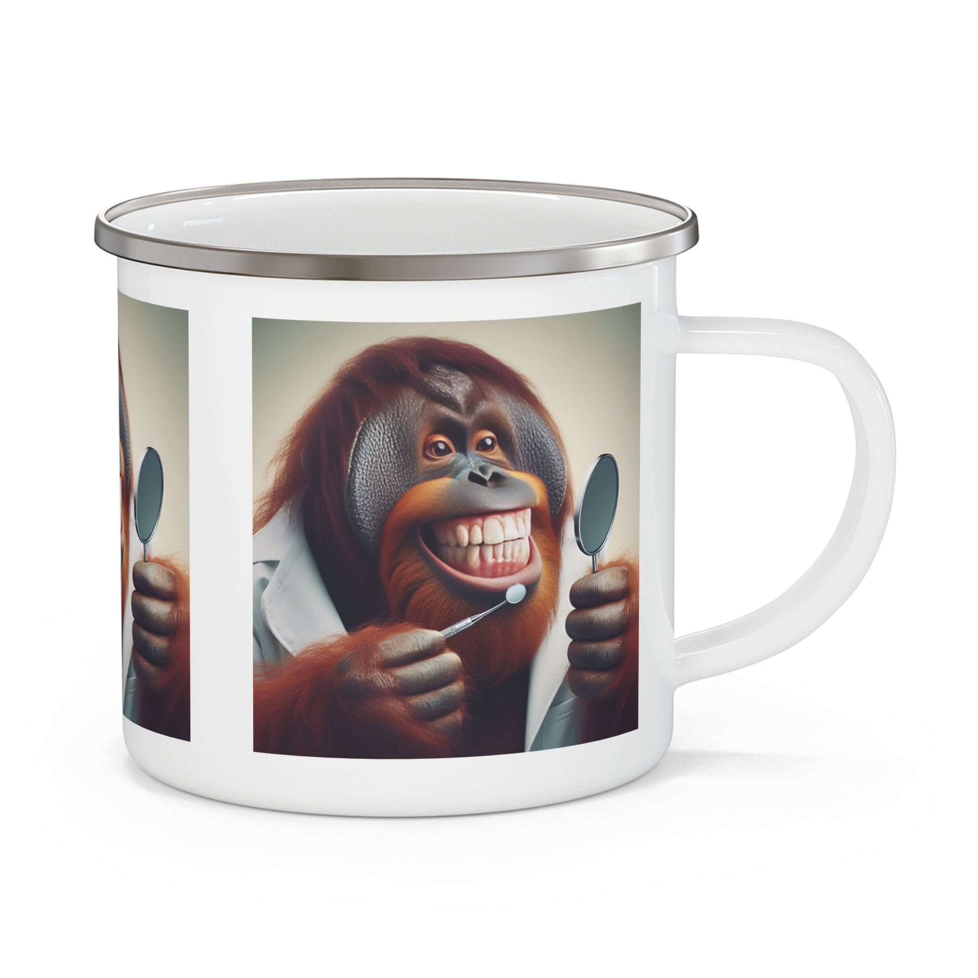 Brighten up with our functional Enamel Camping Mug featuring a humorous orangutan inspecting his own teeth. This quirky design is ideal for outdoor activities, hiking, camping, or simply relaxing at home. A fun gift for animal, wildlife lovers who enjoy a good laugh. BUY NOW! (SK Superb)