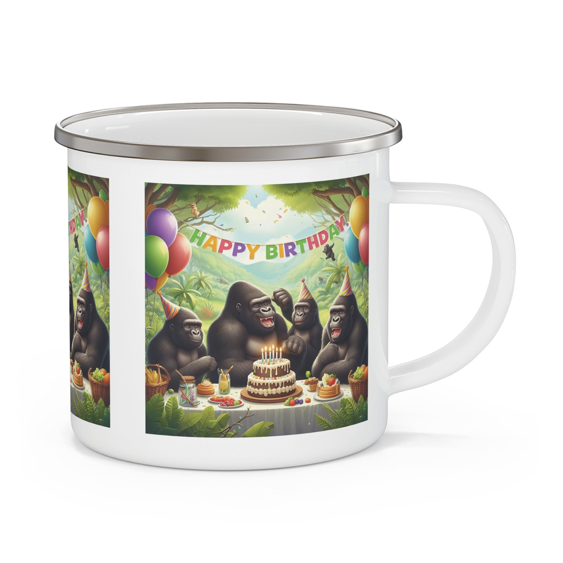 Celebrate birthdays in the wild with our Enamel Camping Mug of a gorilla birthday party scene that mimics human celebrations! Just like humans enjoying an outdoor birthday party, these gorillas bring a touch of joy to your drinking experience. An ideal gift for animal and outdoor lovers. BUY NOW! (SK Superb)