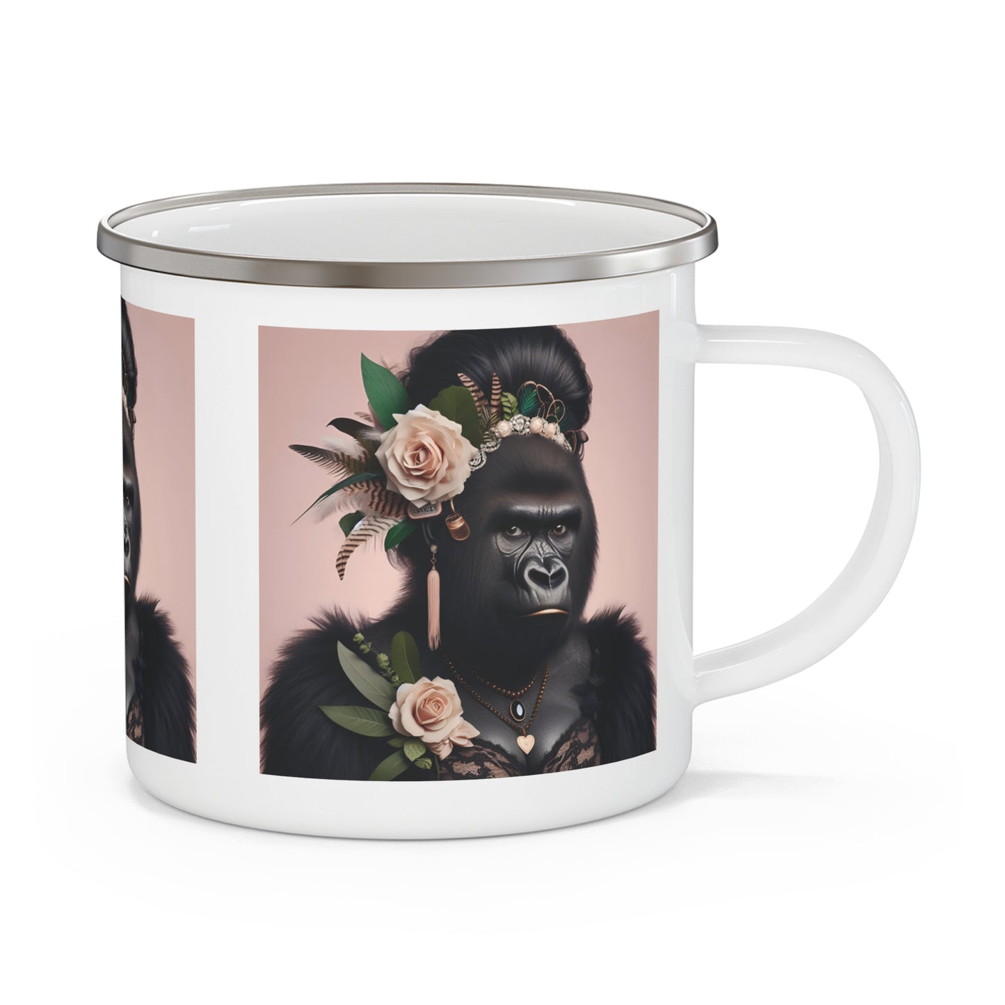 Elevate your bachelorette party with this elegant "Gorilla Bachelorette" Enamel Camping Mug. A fun and functional mug for bachelorette or bridesmaid gifts, as a keepsake from a special celebration. Perfect for brides-to-be. Ideal mug for camping, outdoor adventures or everyday use. BUY NOW! (SK Superb)