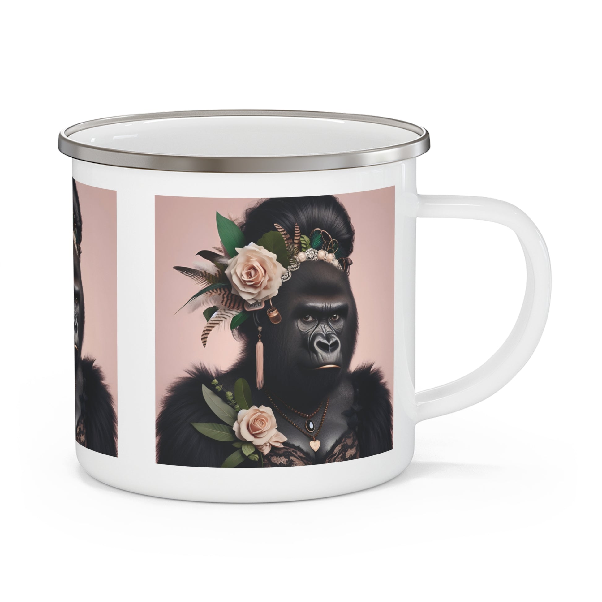 Elevate your bachelorette party with this elegant "Gorilla Bachelorette" Enamel Camping Mug. A fun and functional mug for bachelorette or bridesmaid gifts, as a keepsake from a special celebration. Perfect for brides-to-be. Ideal mug for camping, outdoor adventures or everyday use. BUY NOW! (SK Superb)
