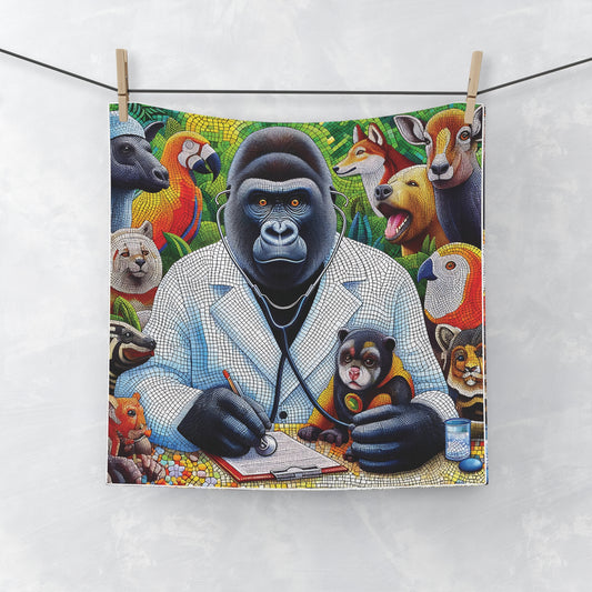 Our "Doctor Gorilla and Animal Patients Face Towel" is perfect for animal lovers, or anyone who loves artistic designs. Use it to add a touch of whimsy to your home décor, or gift it to a friend who shares your passion for wildlife and veterinary care. BUY NOW! (SK Superb)