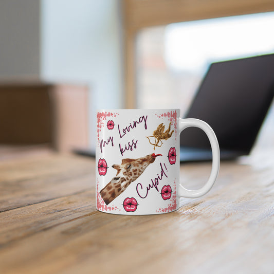 A funny, romantic "Giraffe Cupid Kiss" 11oz mug. Gift for Valentine, anniversaries, animal lovers, that is sure to bring smiles. BUY NOW!