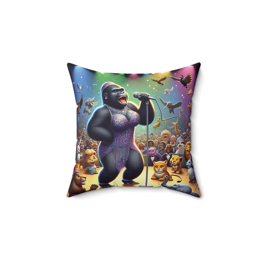 Unleash the star power in your decor with our "Gorilla Diva on Stage Pillow". Let the performance begin with this vibrant pillow of a dazzling female gorilla singer dressed in a sparkling outfit, captivating an audience of animals and people. A must-have for animal lovers and music enthusiasts. BUY NOW! (SK Superb)