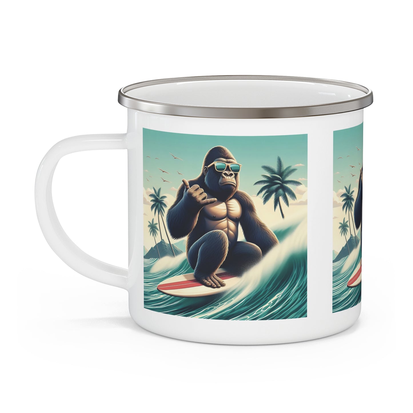 Surfing Gorilla Enamel Camping Mug – Durable Outdoor Drinkware