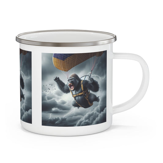 Our Adventure Gorilla Parachute Enamel Camping Mug is perfect for outdoor enthusiasts, thrill-seekers and cozy campfire moments. It features a gorilla parachuting through a stormy sky. Whether you're on a mountain peak or at a lakeside campfire, this mug is your perfect companion for adventure. BUY NOW! (SK Superb)