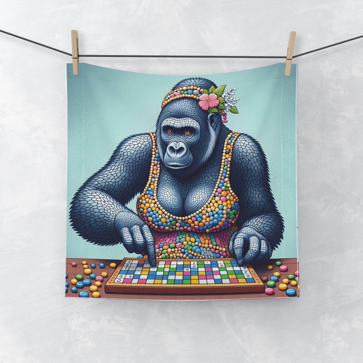 A practical face towel with artful elegance of a majestic gorilla engaged in a game of chess. Ideal for face washes, gym workouts, or travel. A great gift for chess enthusiasts and art lovers. BUY NOW! (SK Superb)