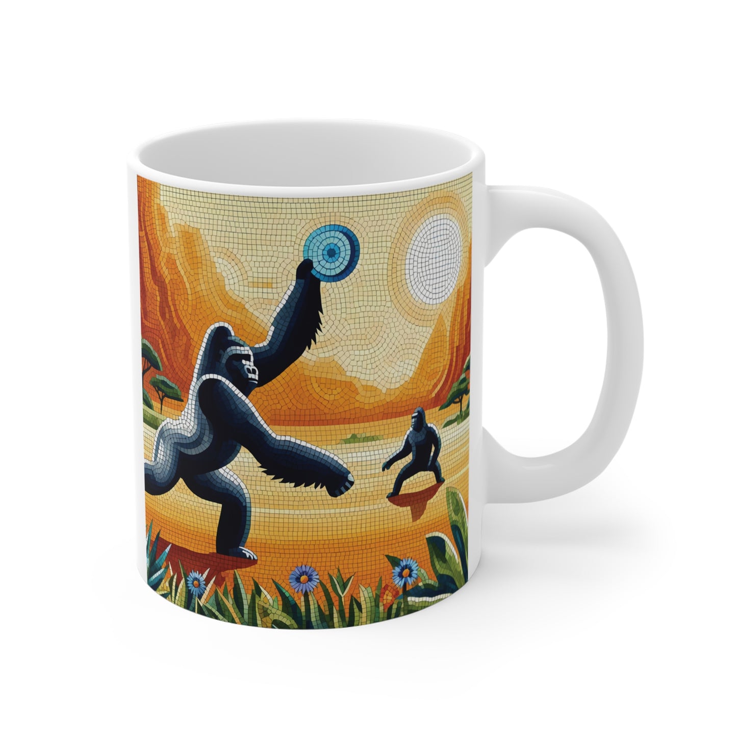 Our 11oz mug featuring mosaic-style gorillas engaging in a human-like game of frisbee. For nature lovers and wildlife enthusiasts, this mug combines functionality with artistic flair. An ideal gift for animal lovers or anyone who loves distinctive design at home or office. BUY NOW! (SK Superb)