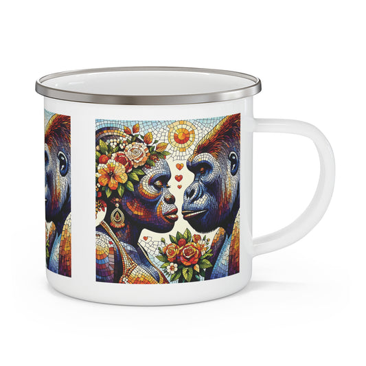 A vibrant mosaic style "Gorilla Loving Couple" Enamel Camping Mug is perfect for camping, hiking, and outdoor adventures, with a touch of wildlife-inspired art to your drinkware collection. Ideal as a gift for nature lovers, couples, and art enthusiasts. BUY NOW! (SK Superb)