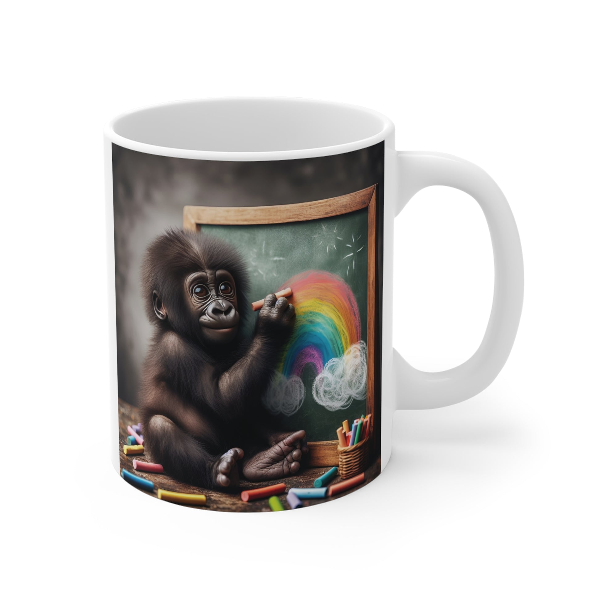 Our cute "Gorilla Drawing Rainbow Mug" features a young gorilla drawing a vibrant rainbow on a chalkboard. Perfect for animal lovers, art enthusiasts. It inspires children's creativity and interest in drawing. A fun gift. BUY NOW! (SK Superb)