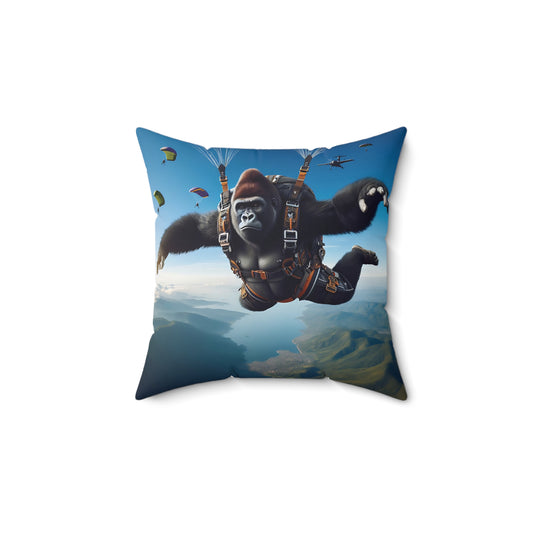 Experience the thrill of the skies with our Skydiving Gorilla Adventure Pillow. It showcases a daring gorilla in full skydiving gear, soaring through the clouds with stunning scenery below. Perfect for adventure lovers and gorilla enthusiasts. Elevate your decor and embrace the wild side of life! (SK Superb)