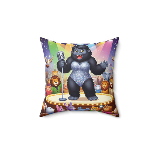 Add fun to your living space with our "Singing Gorilla Throw Pillow"! Adorable gorilla dressed in a sparkly outfit, entertaining a lively audience of animals. Perfect for kids' rooms, playrooms, etc. to delight both children and adults alike. A unique gift or a playful addition to your home decor. (SK Superb)