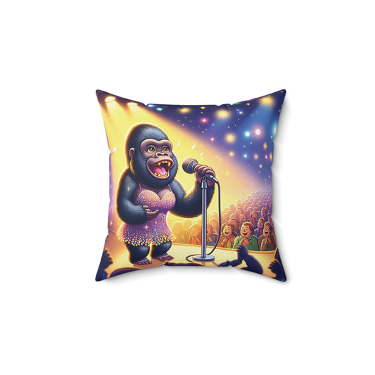 Add a touch of whimsical charm to your living space with this unique decorative pillow featuring a glamorous gorilla diva singing her heart out on stage. Perfect for music lovers, animal enthusiasts, or anyone looking to add a playful accent to their home decor. (SK Superb)
