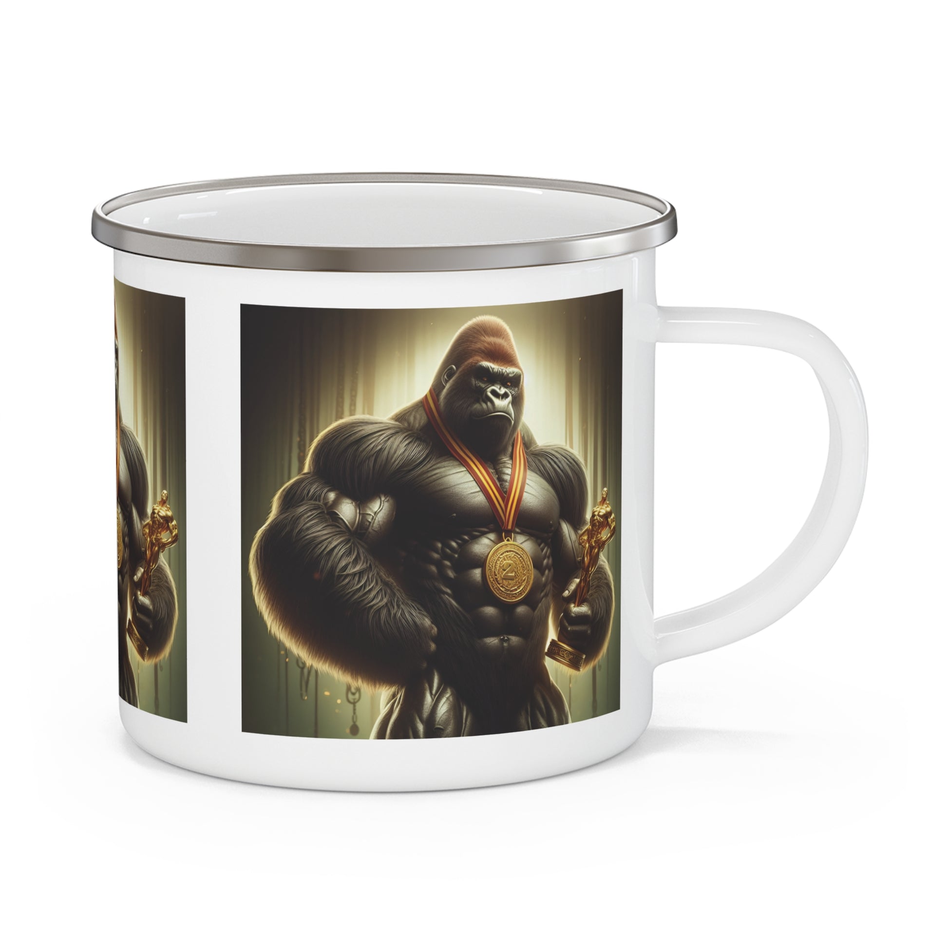 Our "Bodybuilder Champion Gorilla" Enamel Camping Mug symbolizes strength, resilience, and victory. A mug for adventurers and fitness enthusiasts for indoor and outdoor use, camping, hiking. Ideal for fitness lovers and champions at heart. BUY NOW! (SK Superb)