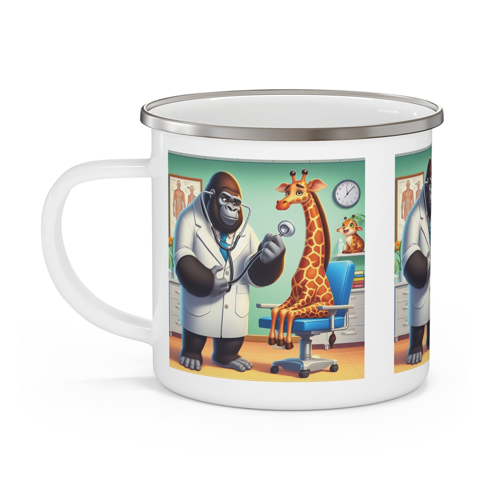 Vet Themed Gorilla Doctor & Giraffe Patient Enamel Camping Mug - Fun Animal & Medical