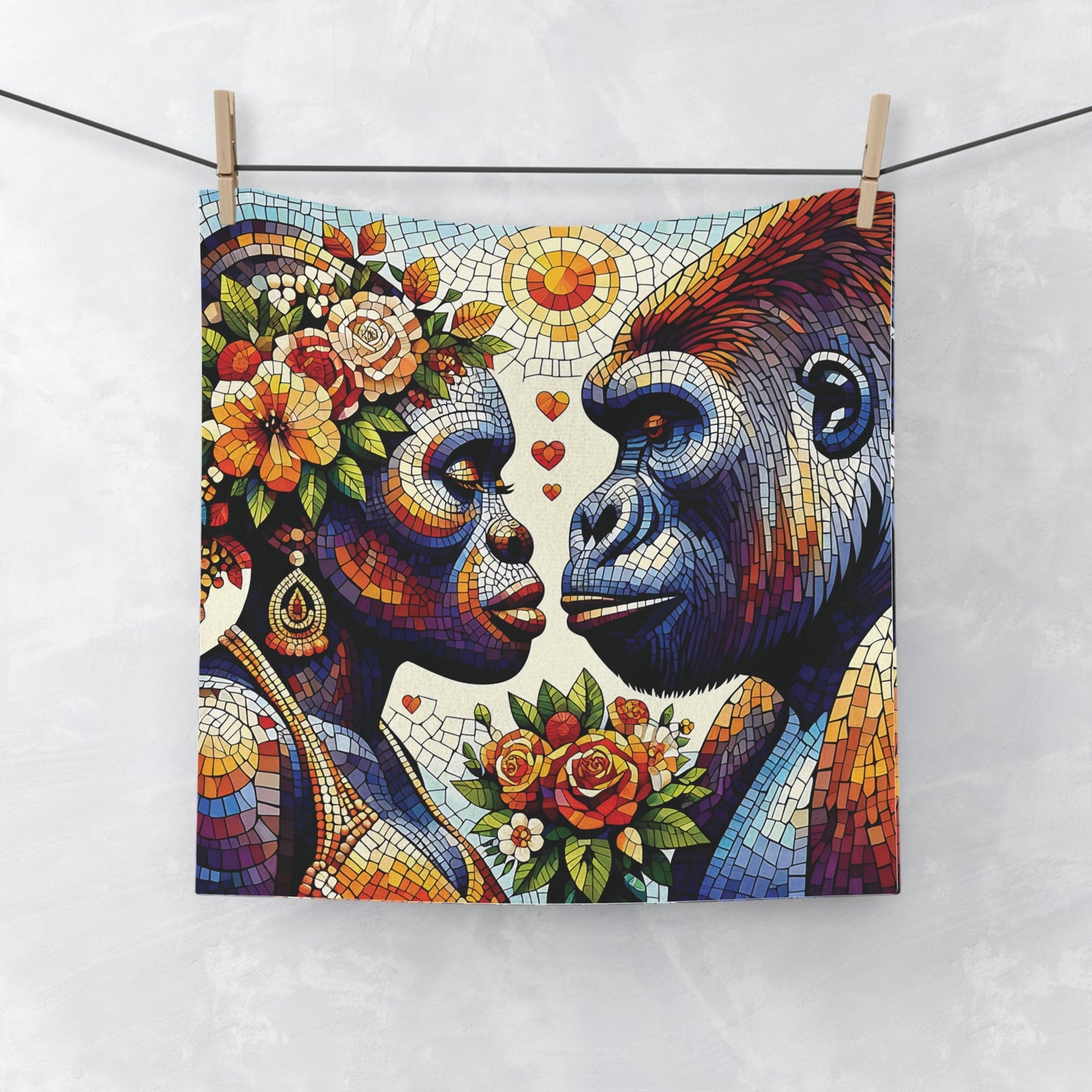 Celebrate romance with our "Elegant Mosaic Gorilla Lovers" face towel, symbolizing their affection and commitment. A functional and artistic face towel. An ideal gift for weddings, anniversaries, or any romantic occasion, a cherished keepsake for your loved ones. BUY NOW! (SK Superb)