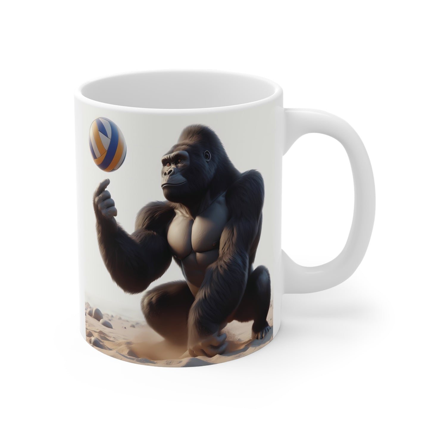 Our 11oz Gorilla Volleyball Champion Mug features a striking image of a muscular gorilla playfully spinning a volleyball on its finger. It captures the essence of strength and agility, making it a perfect gift for sports enthusiasts, animal lovers, who appreciates a touch of humor. BUY NOW! (SK Superb)