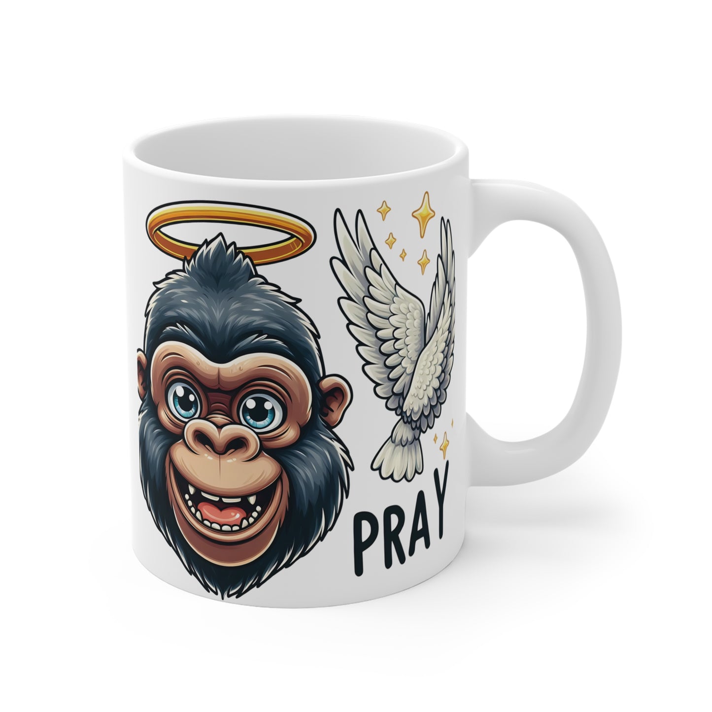 Add a touch of inspiration and positivity with our cartoon "Pray" Gorilla Angel 11oz Mug,  symbolizing peace and spirituality. The whimsical design and uplifting message make it a great gift for friends, family, or colleagues who appreciate unique presents. Ideal for birthdays, holidays. BUY NOW! (SK Superb)