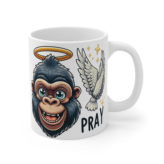 Add a touch of inspiration and positivity with our cartoon "Pray" Gorilla Angel 11oz Mug,  symbolizing peace and spirituality. The whimsical design and uplifting message make it a great gift for friends, family, or colleagues who appreciate unique presents. Ideal for birthdays, holidays. BUY NOW! (SK Superb)