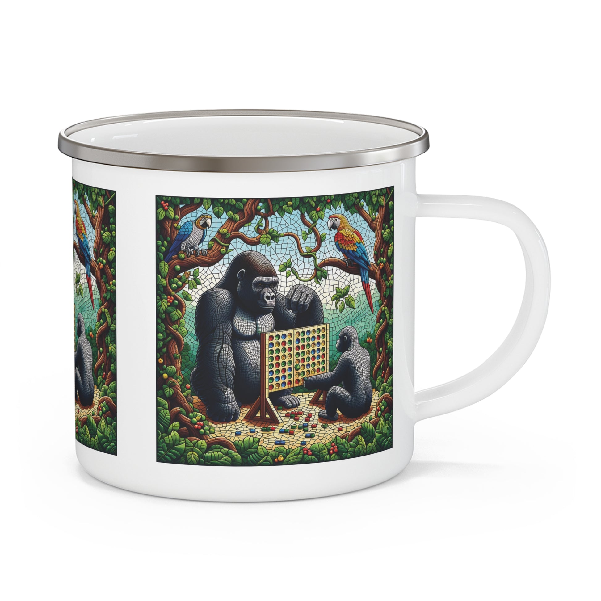 Experience the joy of nature with our whimsy artwork Enamel Camping Mug of a mosaic-style gorillas playing Connect Four in a jungle setting, mirroring the human fun of outdoor play. Perfect for outdoor, wildlife lovers. A mug easy to carry on hikes, camping trips, or to enjoy your drink at home. BUY NOW! (SK Superb)
