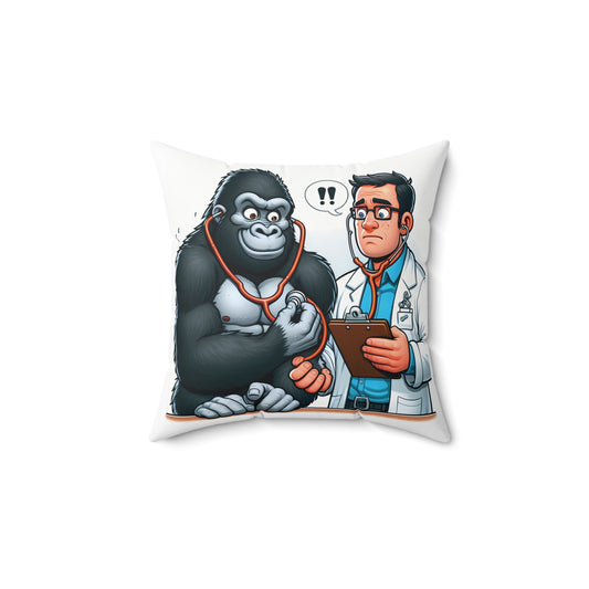 Buy the "Doctor Gorilla Check-Up Pillow" now and enjoy endless smiles! This quirky pillow features a comical scene of a gorilla confidently checking a human doctor's heartbeat with a stethoscope, leaving the doctor looking perplexed. A playful pillow for your home and office decor. A humorous gift too. (SK Superb)