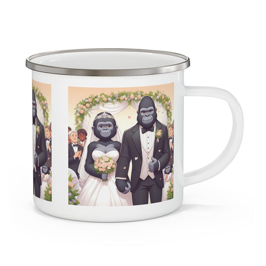 Celebrate love with this charming, whimsical enamel camping mug featuring adorable gorilla wedding scene. Perfect for newlyweds, animal lovers, and outdoor adventurers, this mug is ideal for camping, hiking, travel or home use. Great gift for weddings or anniversaries. BUY NOW! (SK Superb)