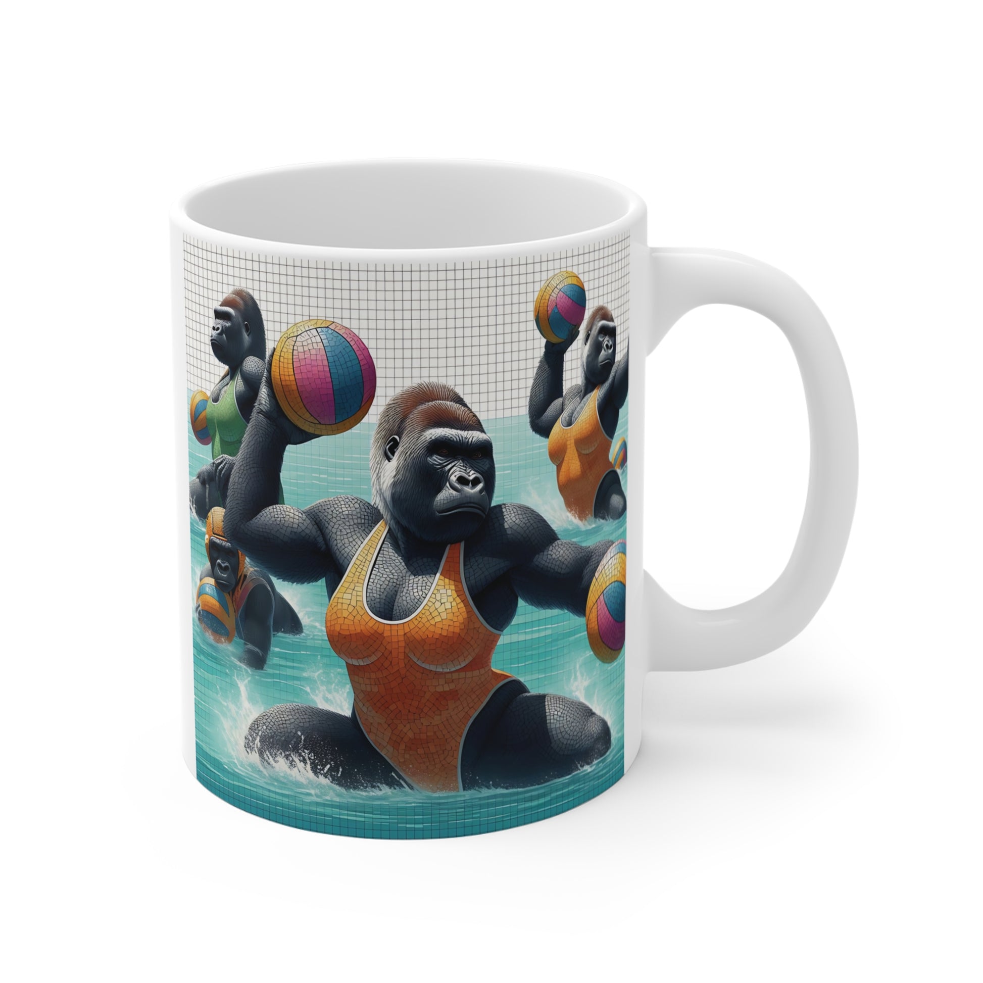 Our 11oz Female Gorilla Water Polo Mug features a striking mosaic style design of gorillas playing water polo. Perfect for sports enthusiasts and animal lovers. A practical addition to your kitchen. BUY NOW! (SK Superb)