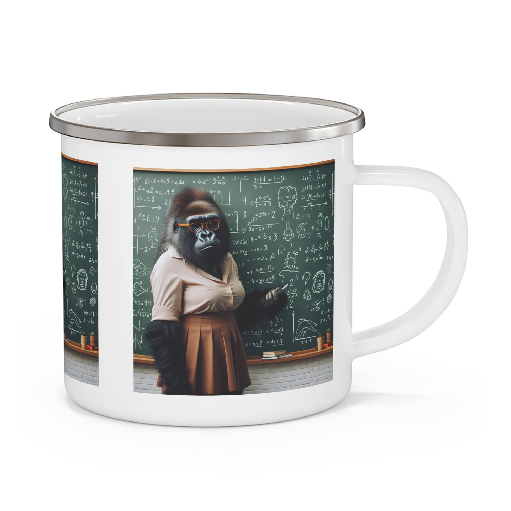 A quirky, playful yet practical enamel mug of a gorilla teacher. Perfect for outdoor adventures, campsite, office or at-home use. This mug is ideal for teachers, math lovers, camping enthusiasts, or fans of animal-themed art. BUY NOW! (SK Superb)