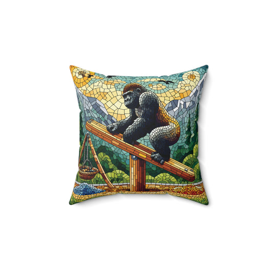 Add a touch of playful elegance with the "Gorilla on See-Saw Pillow". A mosaic-style design of a thoughtful gorilla balancing on a see-saw against a backdrop of mountains and a radiant sun. A cozy companion to your home and office decor.(SK Superb)