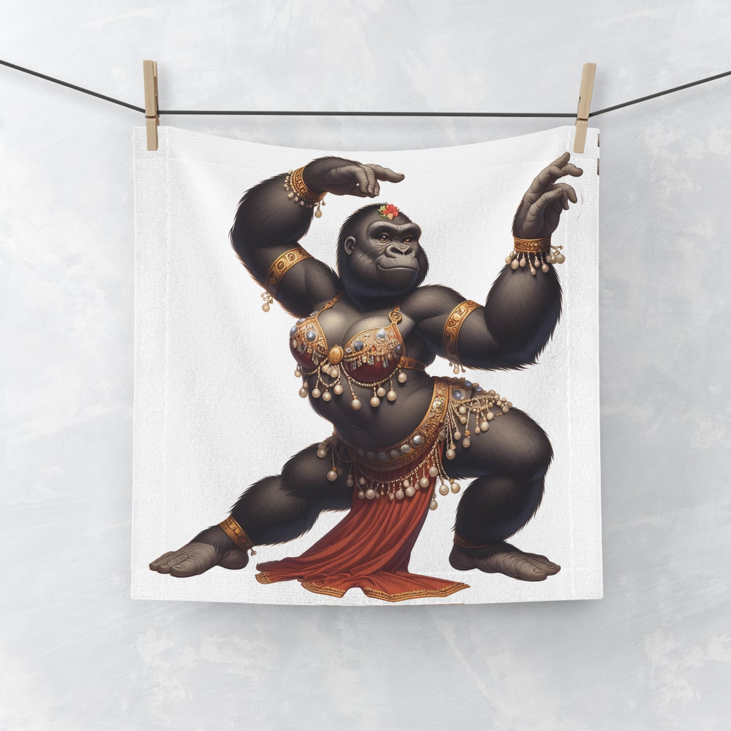 Our "Exotic Gorilla Belly Dancer Face Towel" combines functionality with artistic flair.  An ideal gift for belly dance fans, animal enthusiasts, or anyone who loves quirky designs. Suitable for daily facial care, gym sessions, or as a decorative piece in your home. BUY NOW! (SK Superb) 