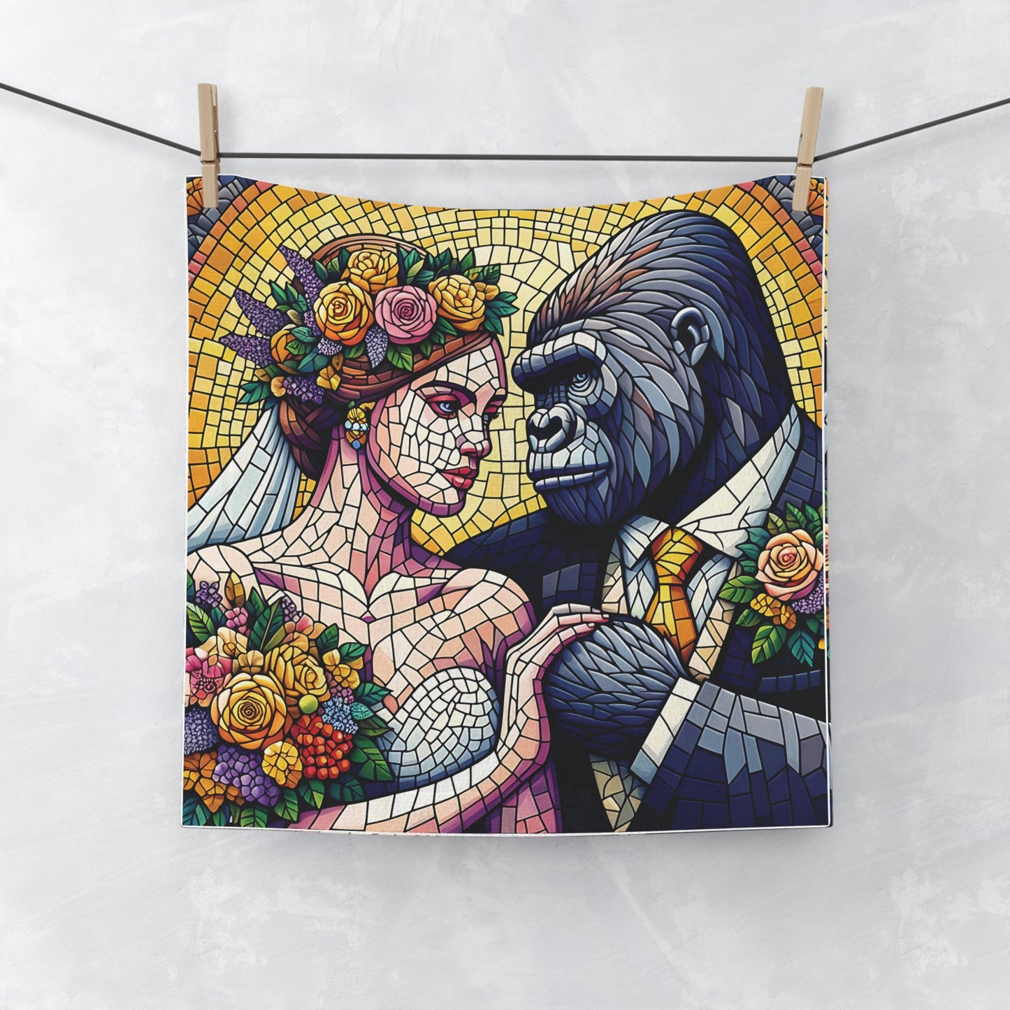 Celebrate the beauty and similarity of human love with our elegant mosaic-style face towel featuring a gorilla and a woman on their wedding day. Perfect for adding a touch of art and sophistication to your bathroom decor. Gift for weddings, anniversaries, animal lovers. BUY NOW! (SK Superb)