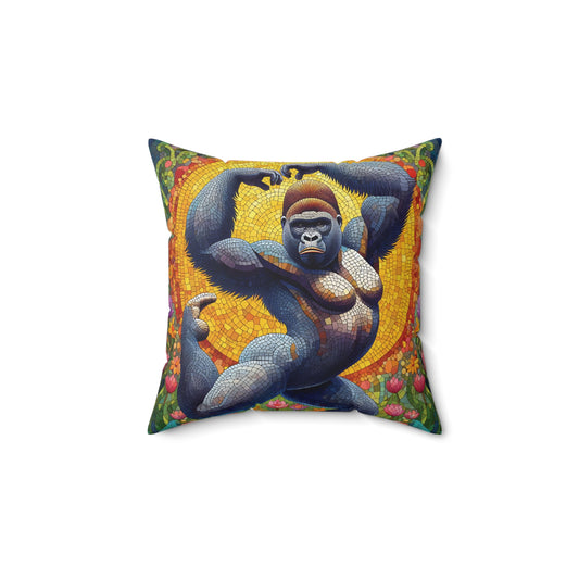 "Gorilla Mosaic Dancer Pillow" showcases a female gorilla striking a dynamic dance pose reminiscent of a human dancer. It highlights the gorilla's elegance and strength, a perfect addition to any room. A pillow to elevate your décor with this artistic blend of animal majesty and human like grace. BUY NOW! (SK Superb)