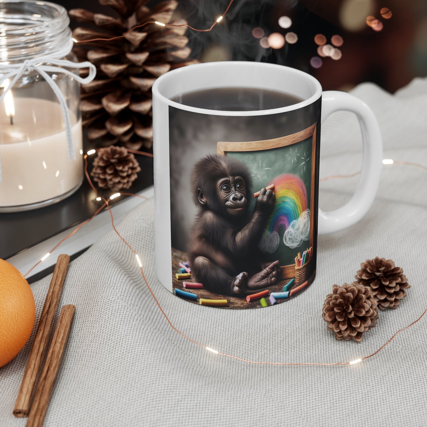 Adorable Gorilla Drawing Rainbow 11oz Mug - Kids and Art Lovers