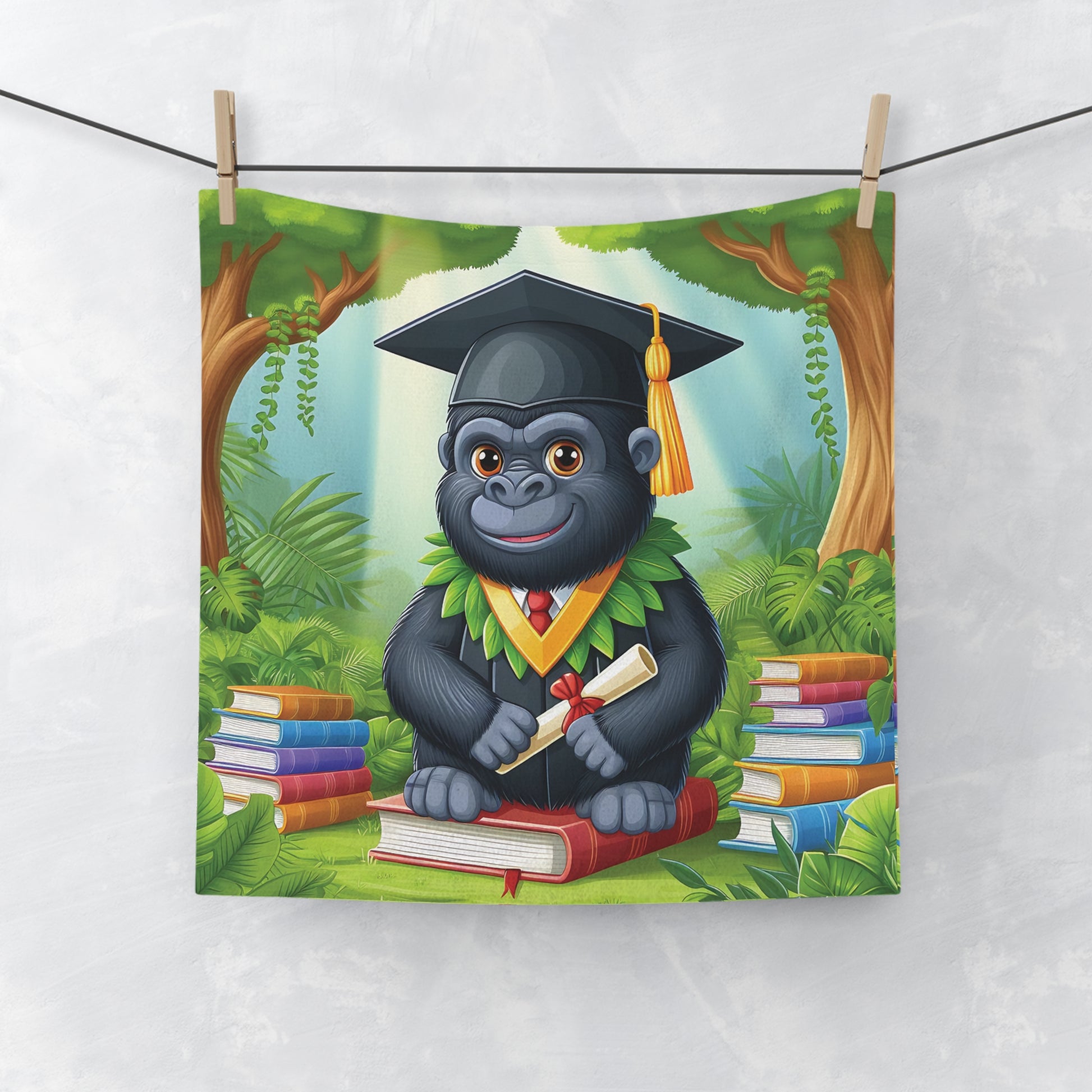 Celebrate academic success with our "Adorable Cartoon Gorilla Graduate Face Towel." Perfect for commemorating your child's graduation milestone. A great addition to any bathroom decor or a thoughtful gift for young graduates. BUY NOW! (SK Superb)