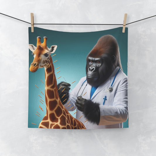 A practical, decorative bathroom decor with our fun "Gorilla Acupuncturist Face Towel." featuring a gorilla doctor performing acupuncture on a friendly giraffe. Ideal for animal lovers, veterinarians, and anyone who enjoys whimsical designs. Perfect as a gift or a treat for yourself. BUY NOW! (SK Superb)