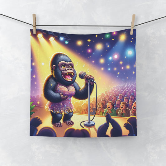 Elevate your bathroom decor with our "Cartoon Female Singing Gorilla with Audience Face Towel," reminiscent of iconic human singers! An ideal gift for music lovers, animal enthusiasts, and anyone who loves playful designs. BUY NOW! (SK Superb)