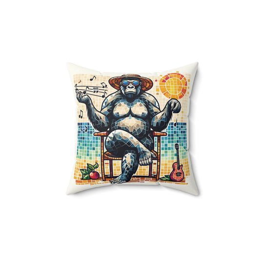 Add a touch of this musical and artistic charm for your home and office decor with the "Musician Gorilla Relaxing Pillow". Depicting a cool gorilla wearing sunglasses and a straw hat lounging on a chair with musical notes and a guitar around him, all set against a vibrant mosaic background. BUY NOW! (SK Superb)