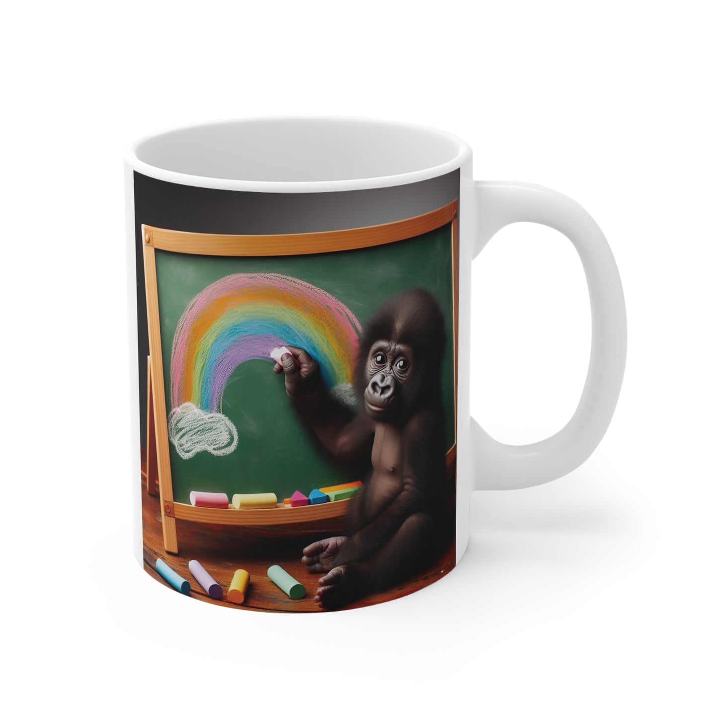 Inspire creativity and imagination with this 11oz mug of an adorable baby monkey drawing a rainbow. This delightful design encourages young minds to explore their artistic potential. Ideal gift for kids, teachers, and anyone passionate about art and education. BUY NOW! (SK Superb)