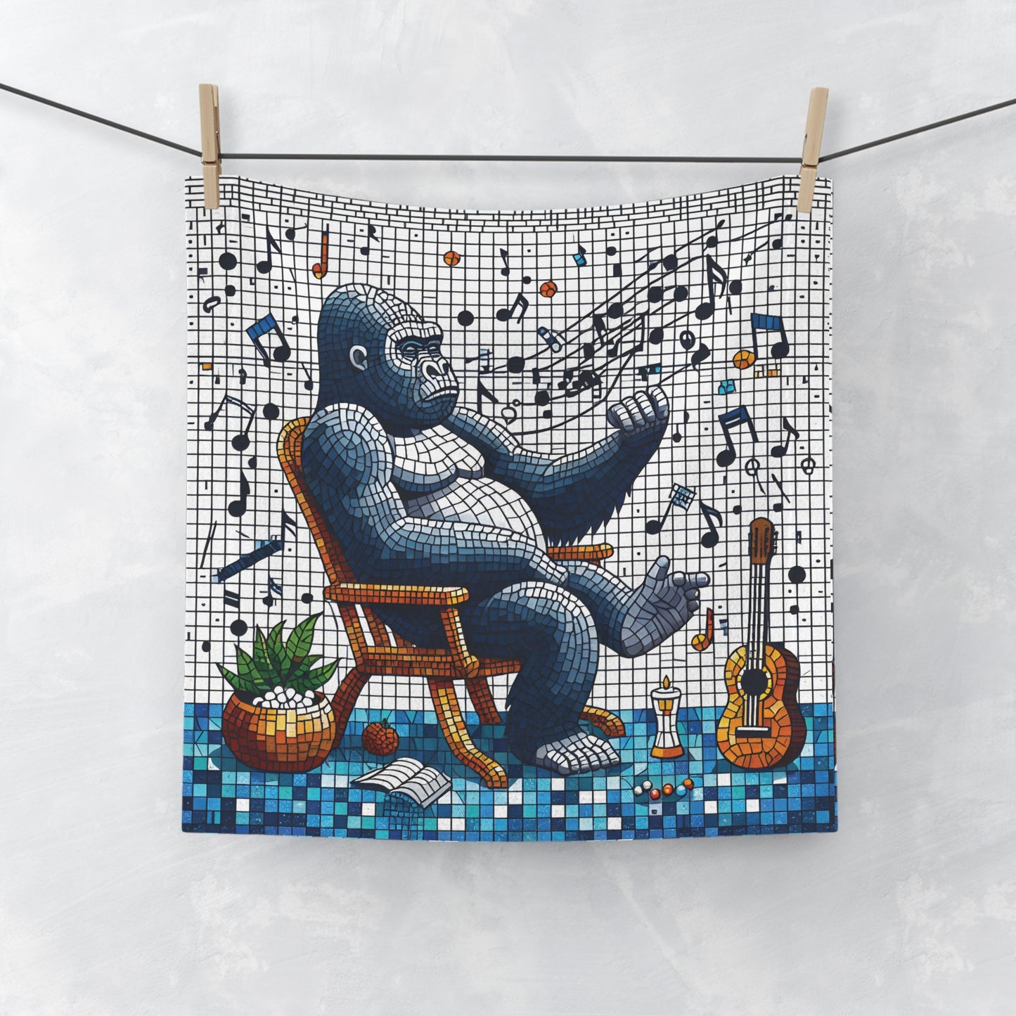 Our "Gorilla Music Maestro Mosaic Face Towel" features a musical gorilla in an artistic style, a perfect blend of function and creativity. Ideal for bathroom use, gym sessions, travel, or as a decorative piece. Gift for musicians, art lovers, or anyone who loves unique home decor. BUY NOW! (SK Superb)