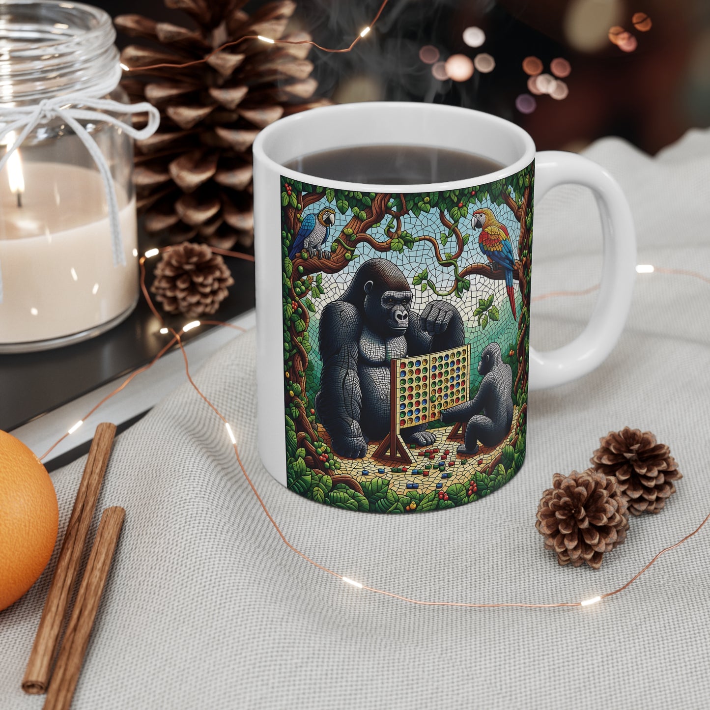 11oz Mug Mosaic Gorilla Family Bond Playing Connect Four