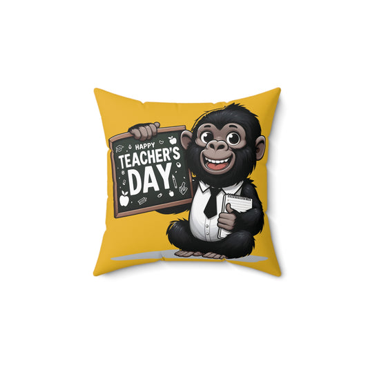 Celebrate Teacher's Day with delightful Gorilla-themed pillow! Unique and fun design with sweet gorilla dressed as a teacher, with a chalkboard that reads "Happy Teacher's Day!" An ideal gift for your favorite teacher. Suitable for classroom, office, or home decor. (SK Superb)
