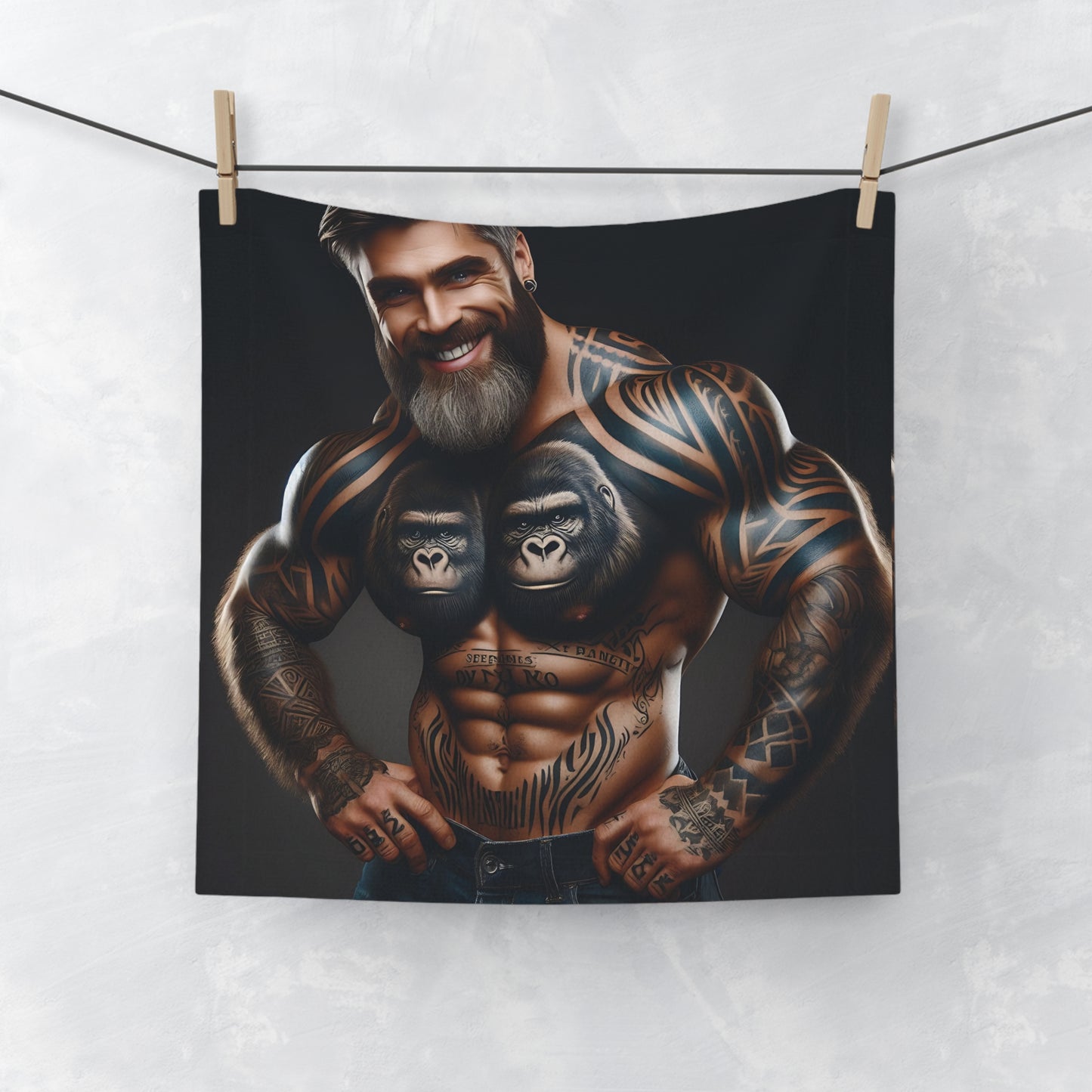 Our Bodybuilder Face Towel is crafted for fitness enthusiasts that combines functionality with style, an ideal accessory for bodybuilding sessions, gym essentials or addition to your bathroom. It showcases a muscular man with gorilla tattoos. Great gift for gym lovers and tattoo enthusiasts. BUY NOW! (SK Superb)