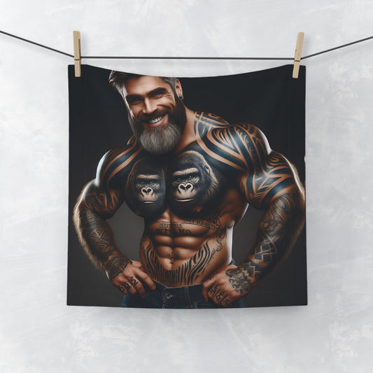 Our Bodybuilder Face Towel is crafted for fitness enthusiasts that combines functionality with style, an ideal accessory for bodybuilding sessions, gym essentials or addition to your bathroom. It showcases a muscular man with gorilla tattoos. Great gift for gym lovers and tattoo enthusiasts. BUY NOW! (SK Superb)