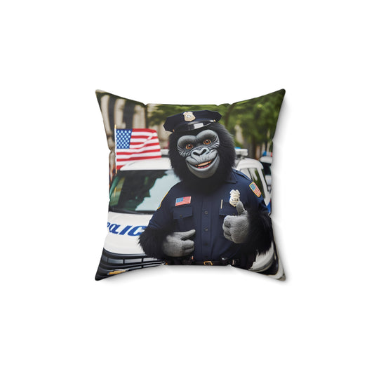 BUY this whimsical Officer Gorilla on Duty Pillow. A decorative pillow featuring a cheerful gorilla dressed as a police officer, with a badge and American flag. An excellent gift or decor piece for law enforcement enthusiasts and animal lovers. Add some lighthearted fun to your home and office! (SK Superb)
