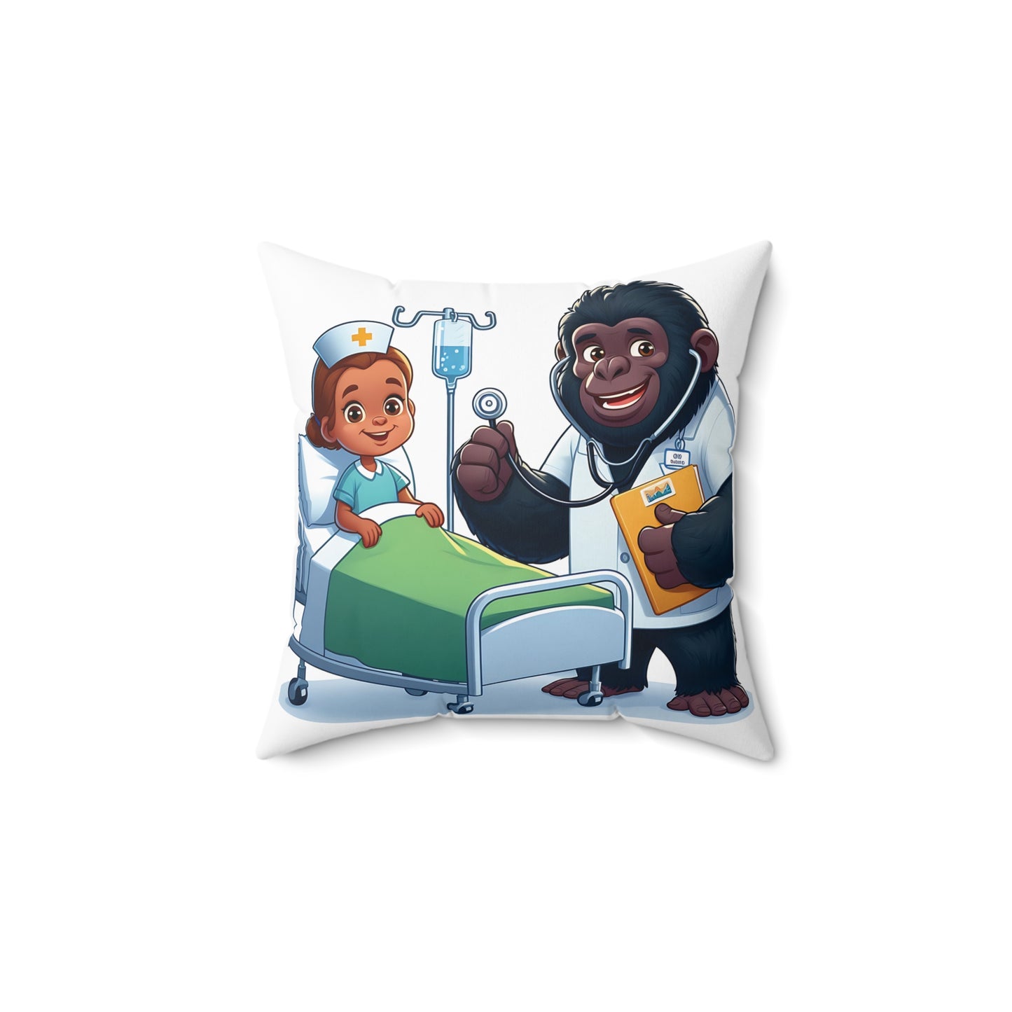 Add a touch of medical magic to your home and office decor with our Dr. Gorilla and Little Nurse Pillow. It features a friendly gorilla dressed as a doctor alongside a cute little nurse ready to assist. Perfect for healthcare professionals and animal lovers. Don't miss out—ORDER YOURS TODAY!! (SK Superb)