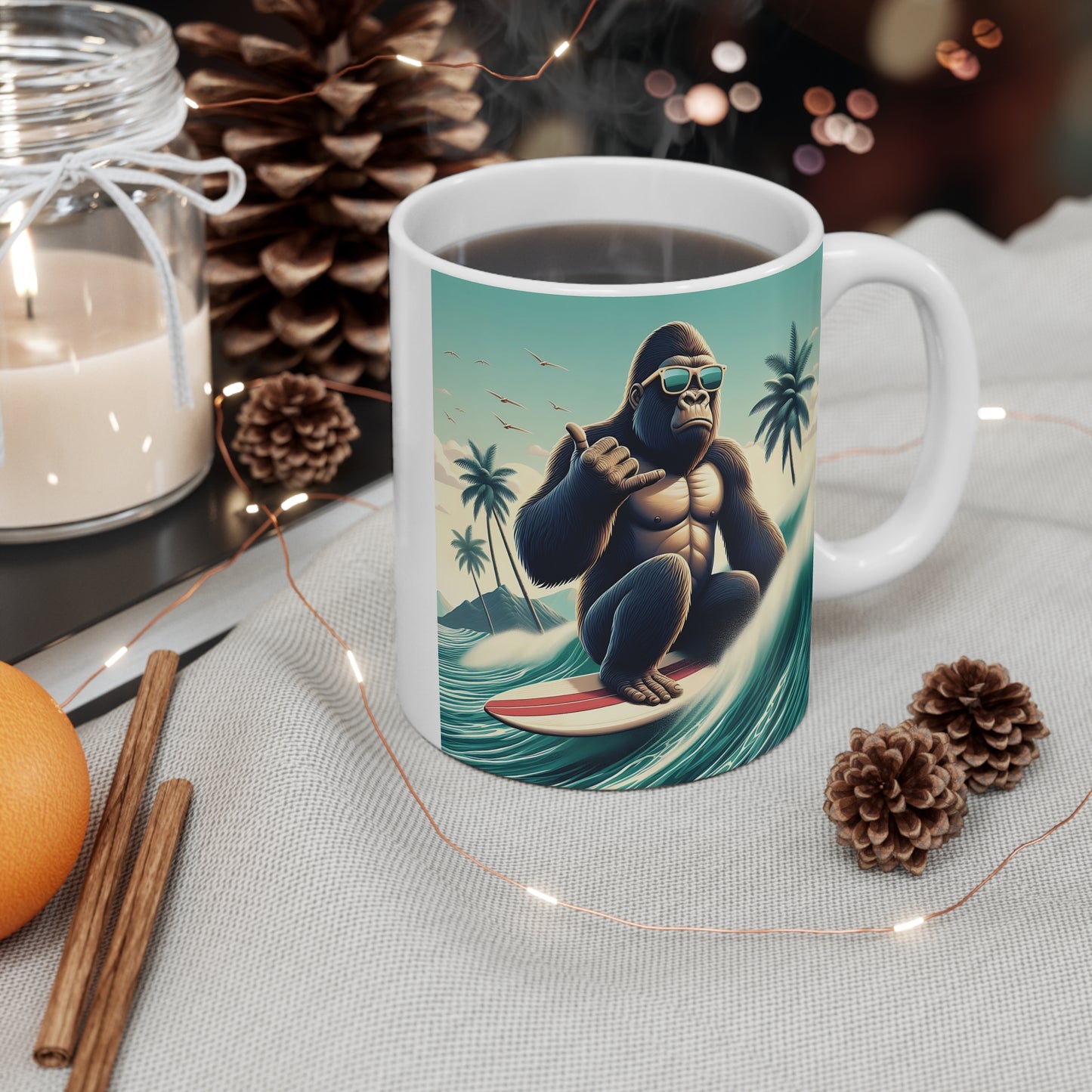 Surf's Up Gorilla 11oz Mug: Ride the Waves with Style!