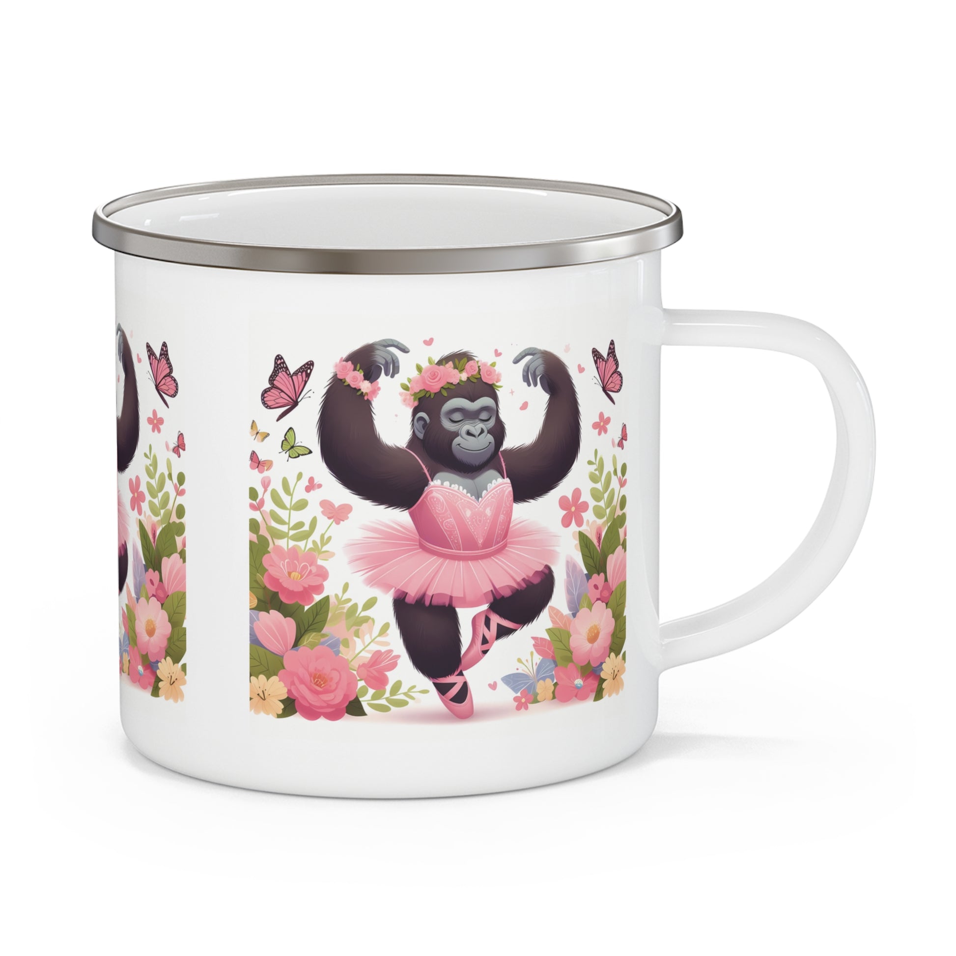 Our sweet "Baby Gorilla Ballerina" Enamel Camping Mug is perfect for kids who love ballet and animals. This fun cartoon style mug is ideal for camping, picnics, and outdoor adventures. A great gift for young ballet dancers or animal lovers. BUY NOW! (SK Superb)