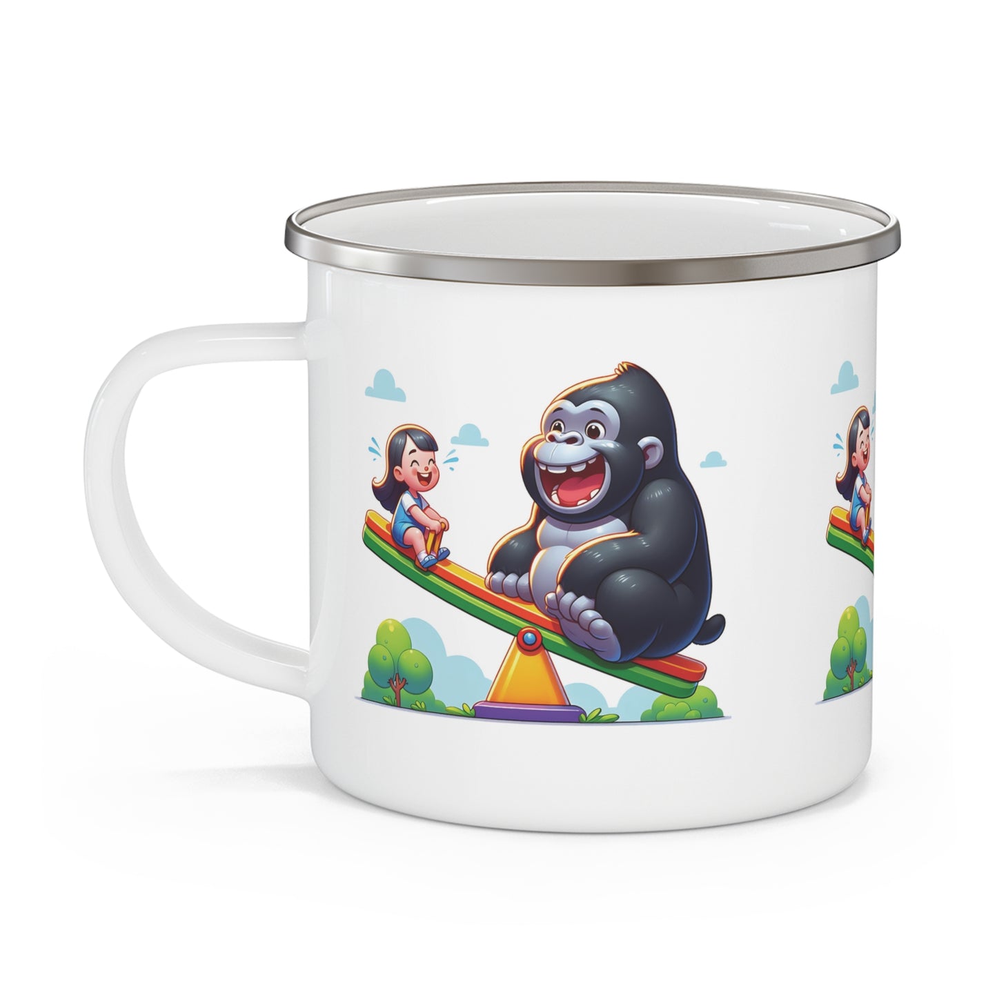 Kid/Adult Cartoon Gorilla & Girl Seesaw Enamel Camping Mug