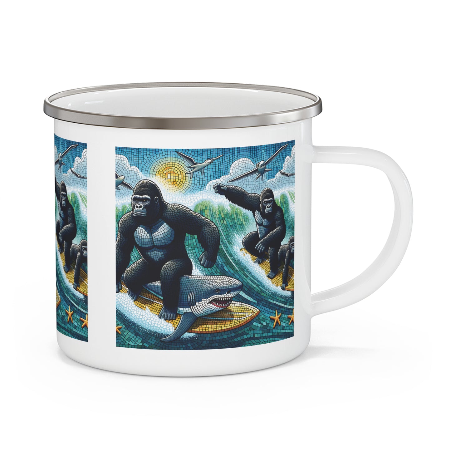 A unique gorillas surfing design Enamel Camping Mug for camping, hiking, and beach outings. This enamel mug is ideal for hot or cold beverages and easy to clean. Perfect for nature lovers and adventure seekers. BUY NOW! (SK Superb)