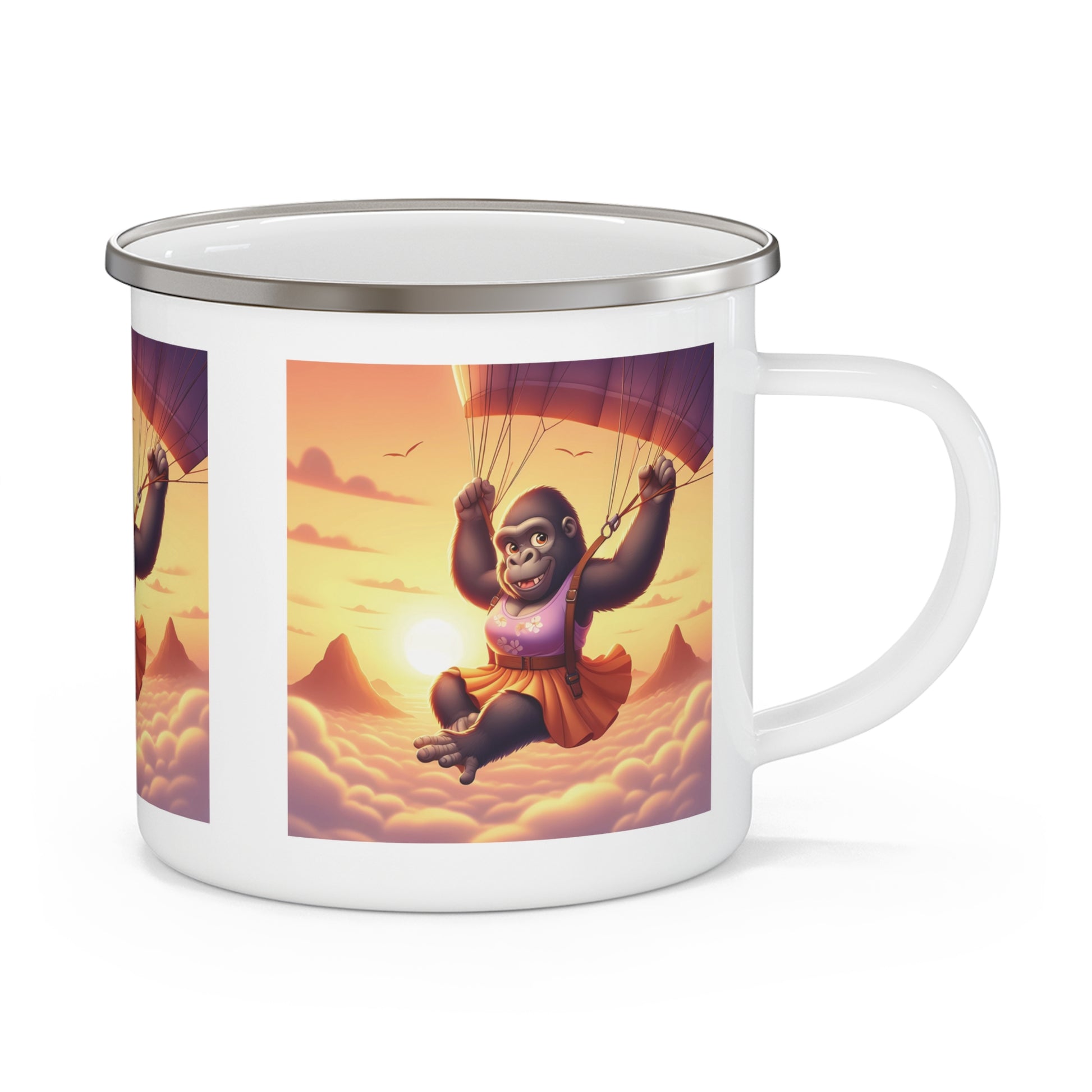 This adventurous enamel mug features a fun design of a joyful female gorilla skydiving, perfect for women who love parachuting. Ideal for camping, hiking, outdoor or home use. Ideal gift for animal and nature lovers, it combines fun, function, and inspiration to chase new heights every day. BUY NOW! (SK Superb)